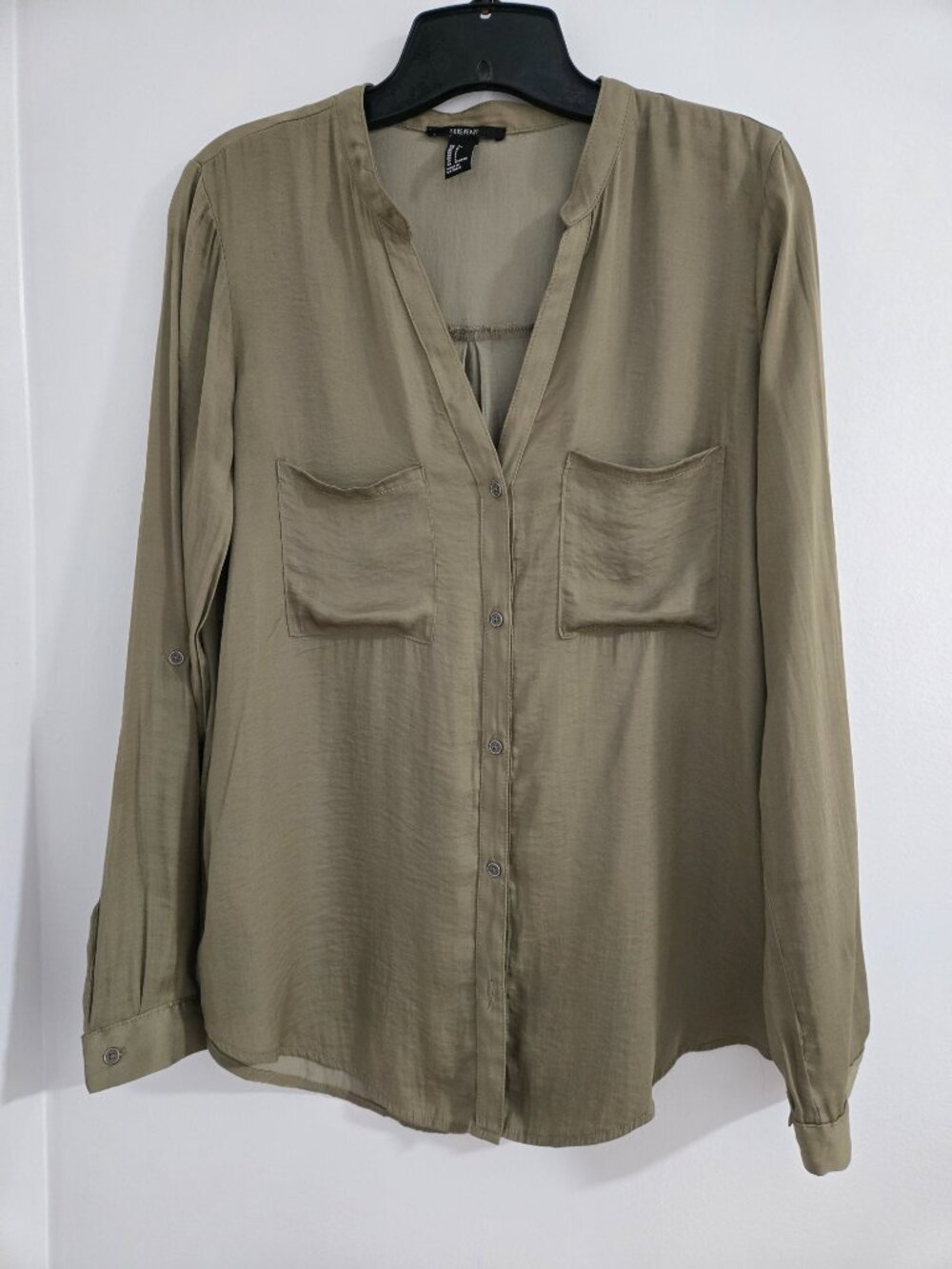 Forever 21 Sheer Collared Blouse Size L V-Neck Button Down Roll Tab Sleeves